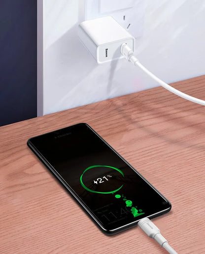 Baseus black and white Android fast charge cables with Micro USB connectors in 1m and 2m lengths.