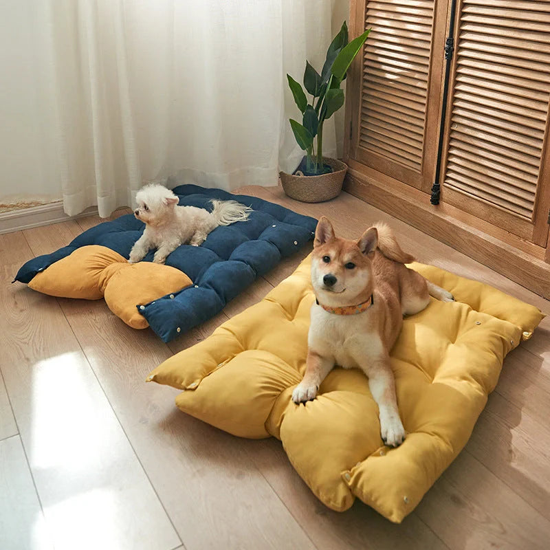 Four Seasons Universal Pet Mattress in light pink, yellow, and blue, suitable for small, medium, and large pets