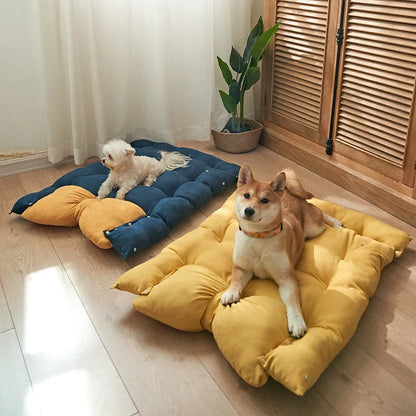 Four Seasons Universal Pet Mattress in light pink, yellow, and blue, suitable for small, medium, and large pets