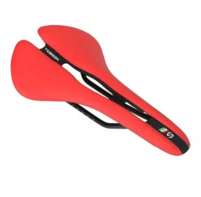 Comfortable long-distance bicycle saddle with high steel plastic base in black, white, or red