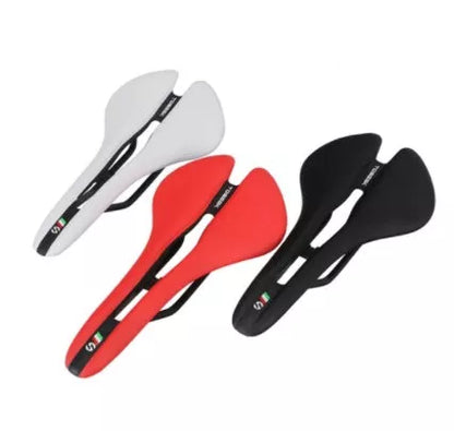 Comfortable long-distance bicycle saddle with high steel plastic base in black, white, or red