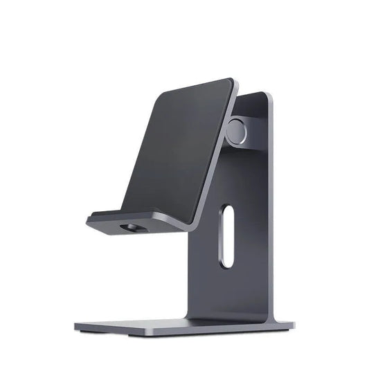 Adjustable alloy mobile phone holder in dark space grey showing phone secured at 45-degree angle on desktop