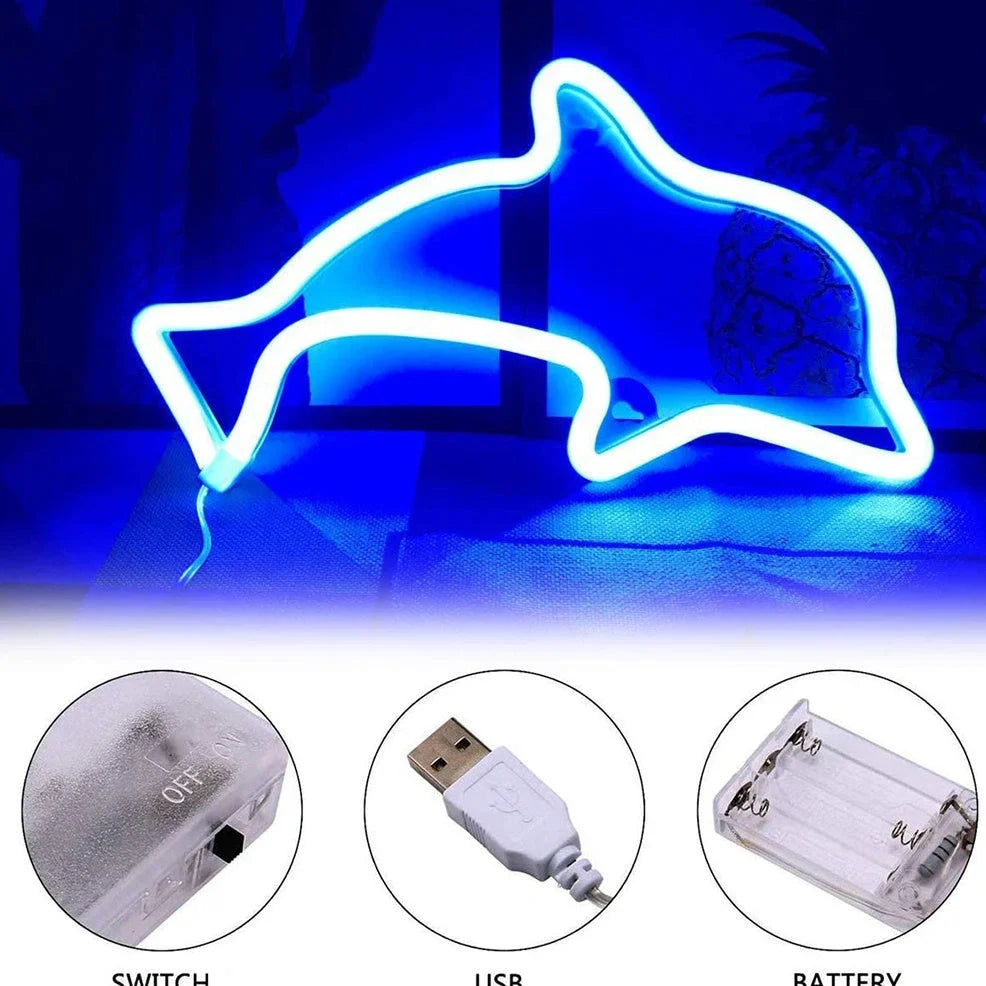 LED neon light with moon design measuring 280mm wide, 250mm high with USB and battery power options