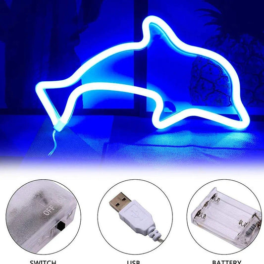 LED neon light with moon design measuring 280mm wide, 250mm high with USB and battery power options