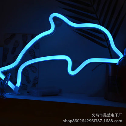 LED neon light with moon design measuring 280mm wide, 250mm high with USB and battery power options
