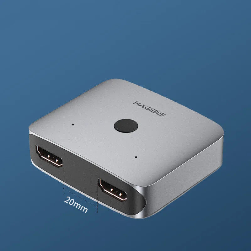 Grey HDMI splitter device with one input and two output ports for screen duplication