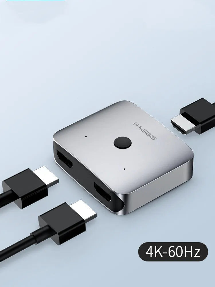 Grey HDMI splitter device with one input and two output ports for screen duplication