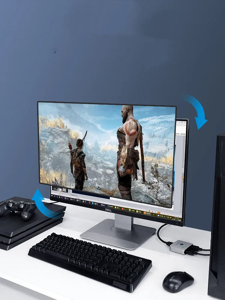 Grey HDMI splitter device with one input and two output ports for screen duplication