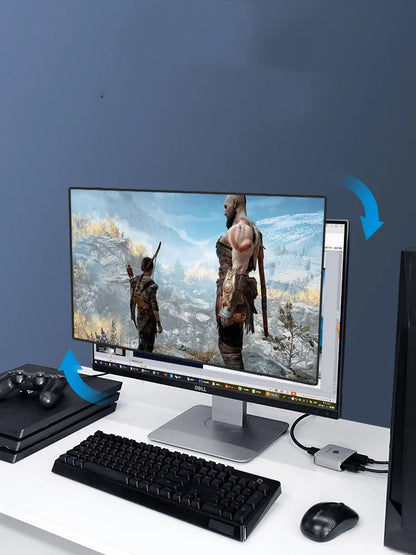 Grey HDMI splitter device with one input and two output ports for screen duplication