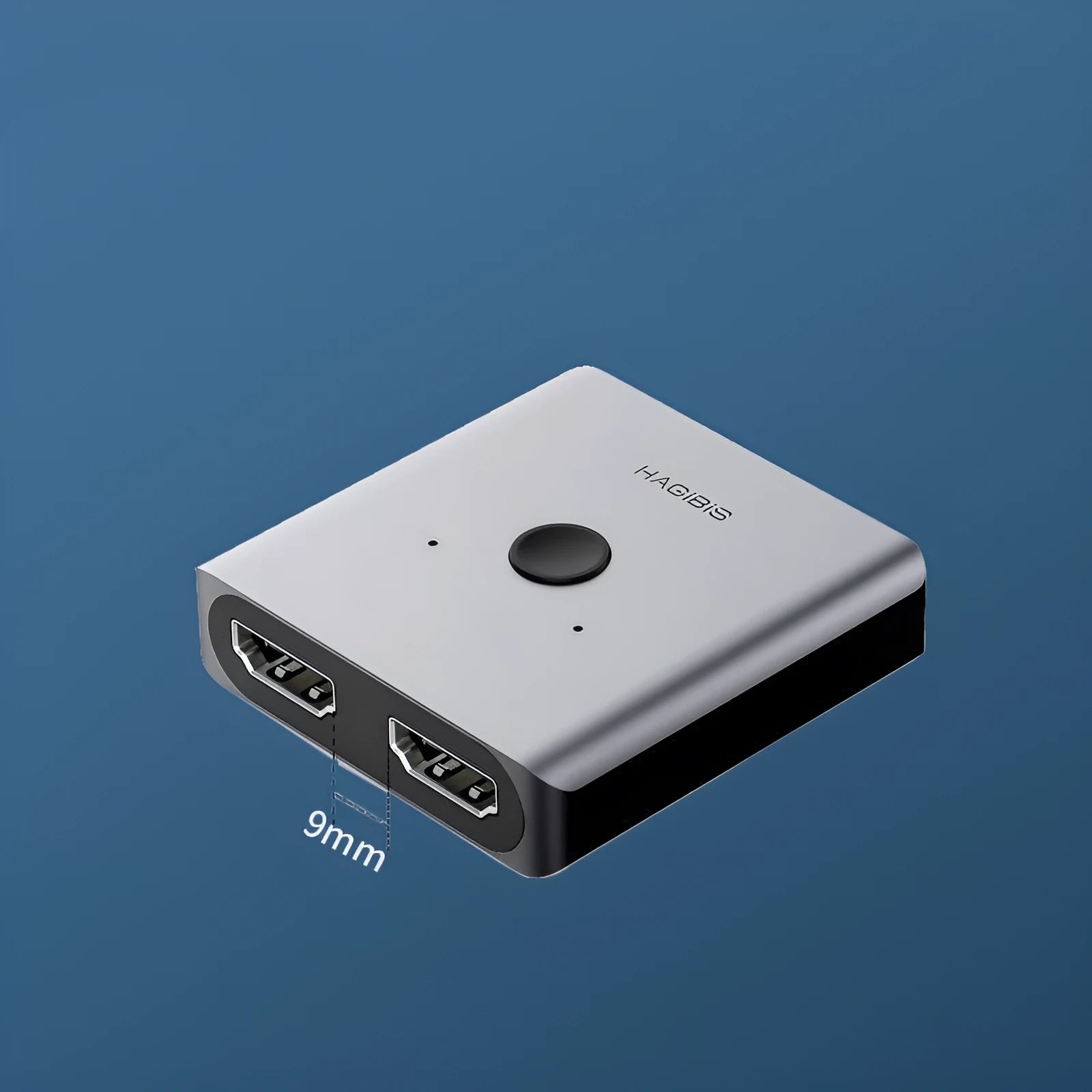 Grey HDMI splitter device with one input and two output ports for screen duplication