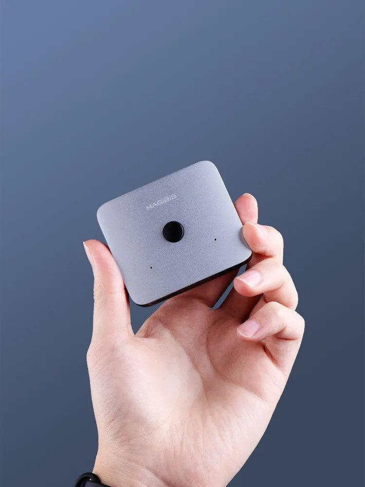 Grey HDMI splitter device with one input and two output ports for screen duplication
