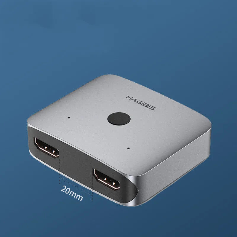 Grey HDMI splitter device with one input and two output ports for screen duplication