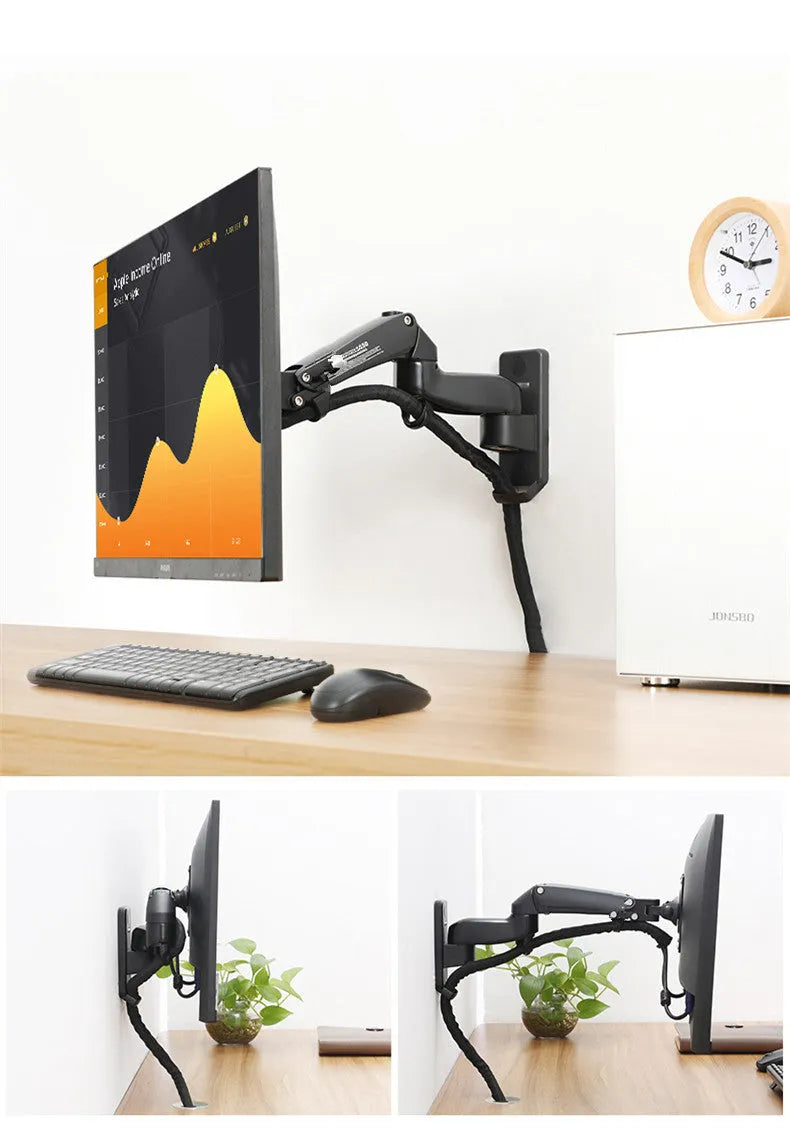 Black aluminium alloy wall mount for computer monitor with telescopic arm and rotating screen bracket