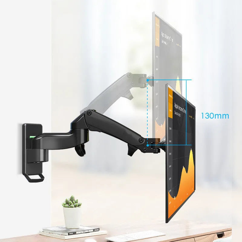 Black aluminium alloy wall mount for computer monitor with telescopic arm and rotating screen bracket