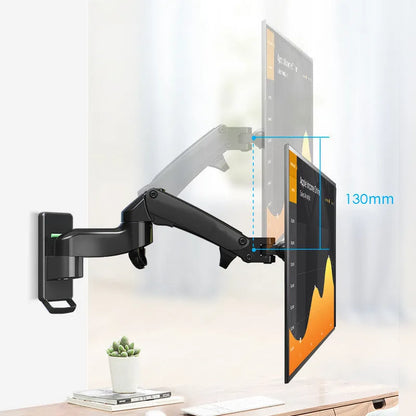 Black aluminium alloy wall mount for computer monitor with telescopic arm and rotating screen bracket