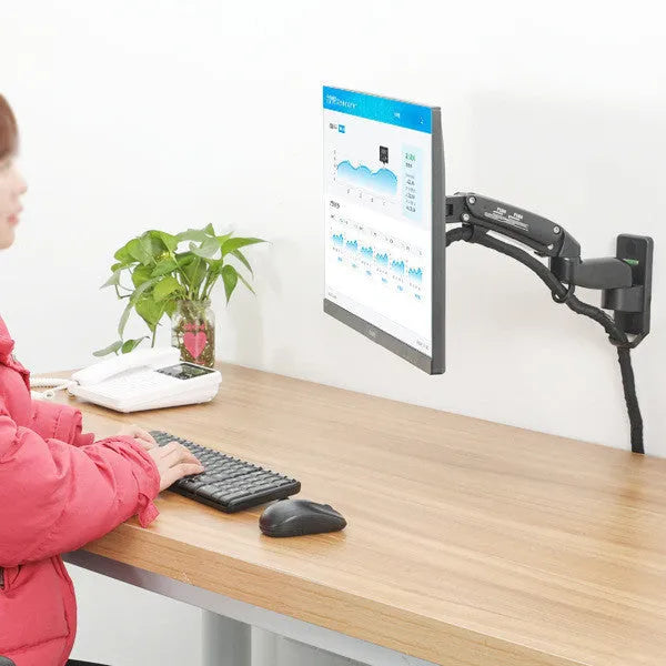 Black aluminium alloy wall mount for computer monitor with telescopic arm and rotating screen bracket