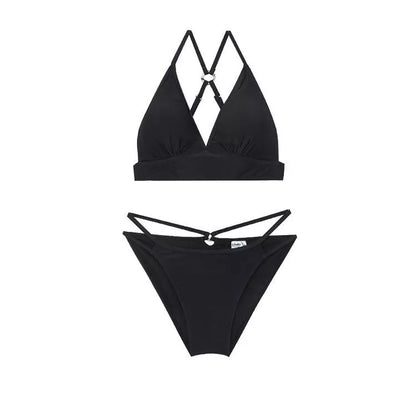 Black deep V slim swimsuit with chest pad for women, made from quick-drying polyester