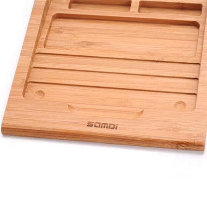 Bamboo wood stand holding an Apple tablet and an Apple Bluetooth trackpad side by side.