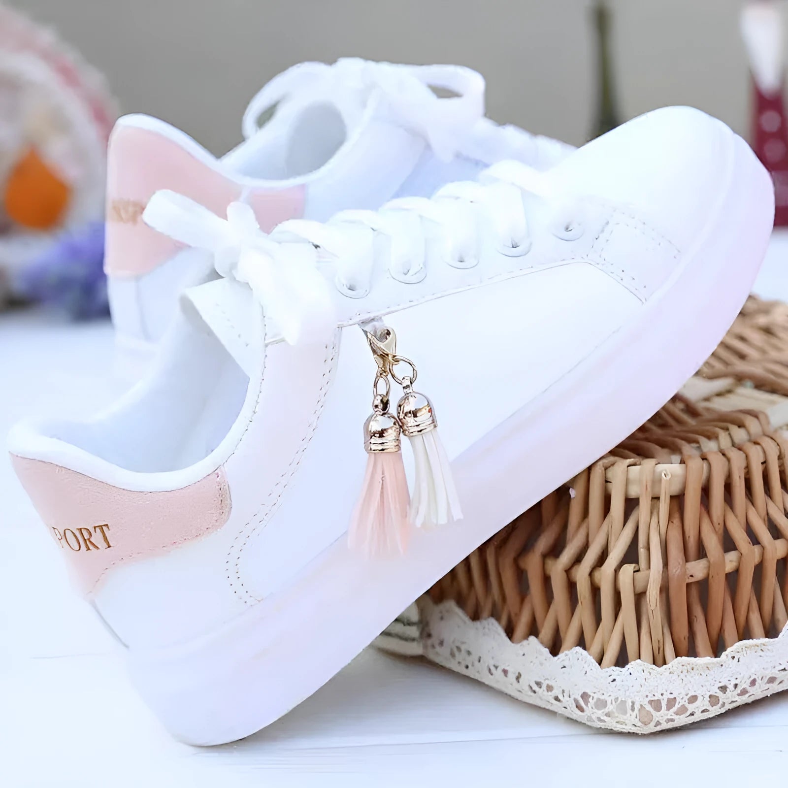 White mesh women's fashion shoes with PU leather upper and rubber sole