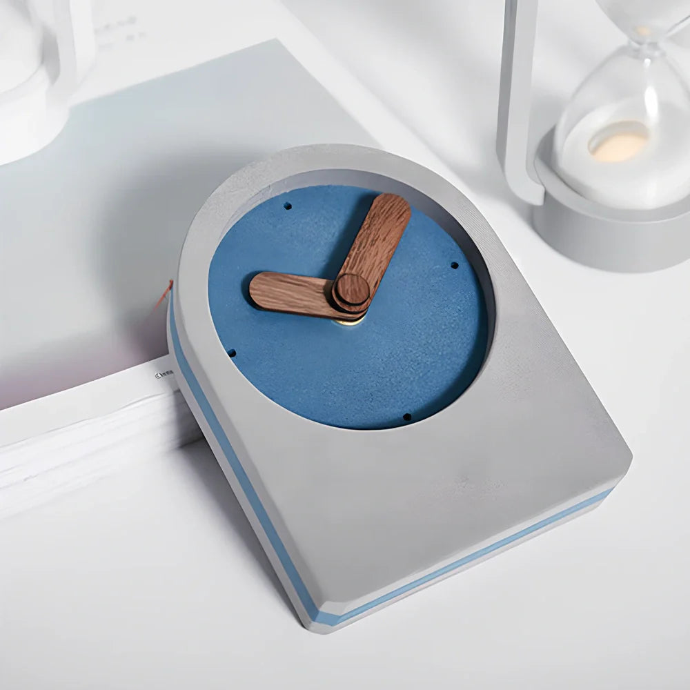 Nordic desktop clock with grey finish measuring 10x13.5x3.8cm with walnut details