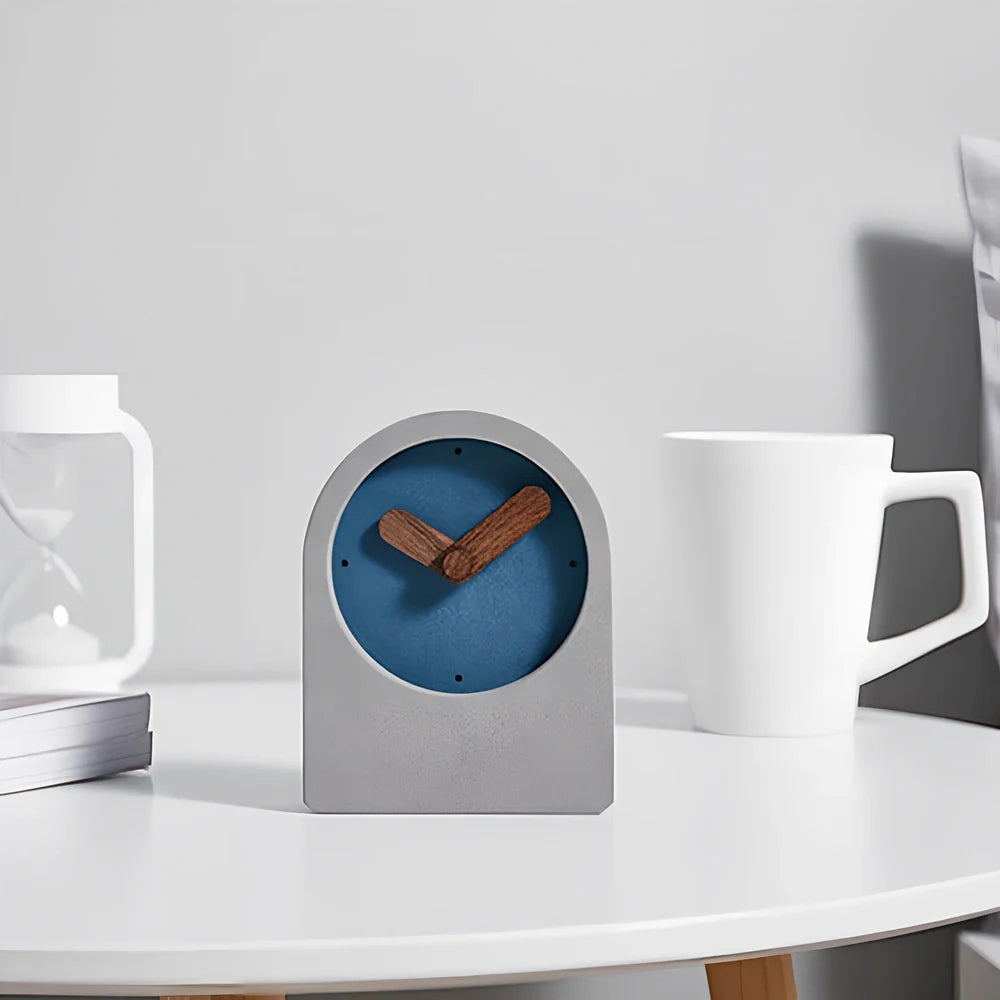 Nordic desktop clock with grey finish measuring 10x13.5x3.8cm with walnut details