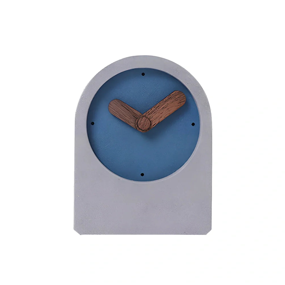 Nordic desktop clock with grey finish measuring 10x13.5x3.8cm with walnut details