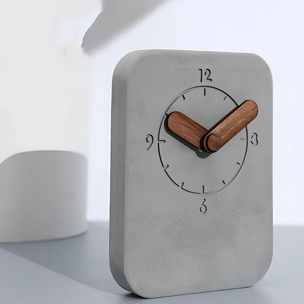 Nordic desktop clock with grey finish measuring 10x13.5x3.8cm with walnut details