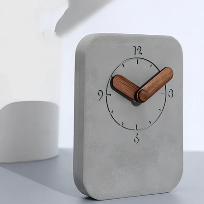 Nordic desktop clock with grey finish measuring 10x13.5x3.8cm with walnut details