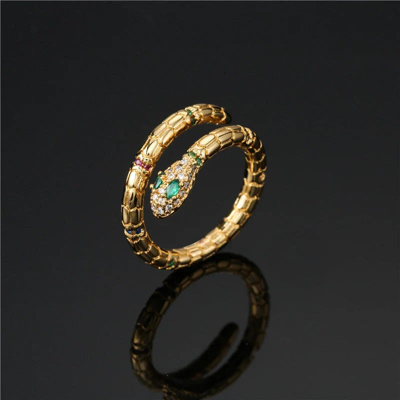 Adjustable gold snake ring with cubic zirconia stones for women