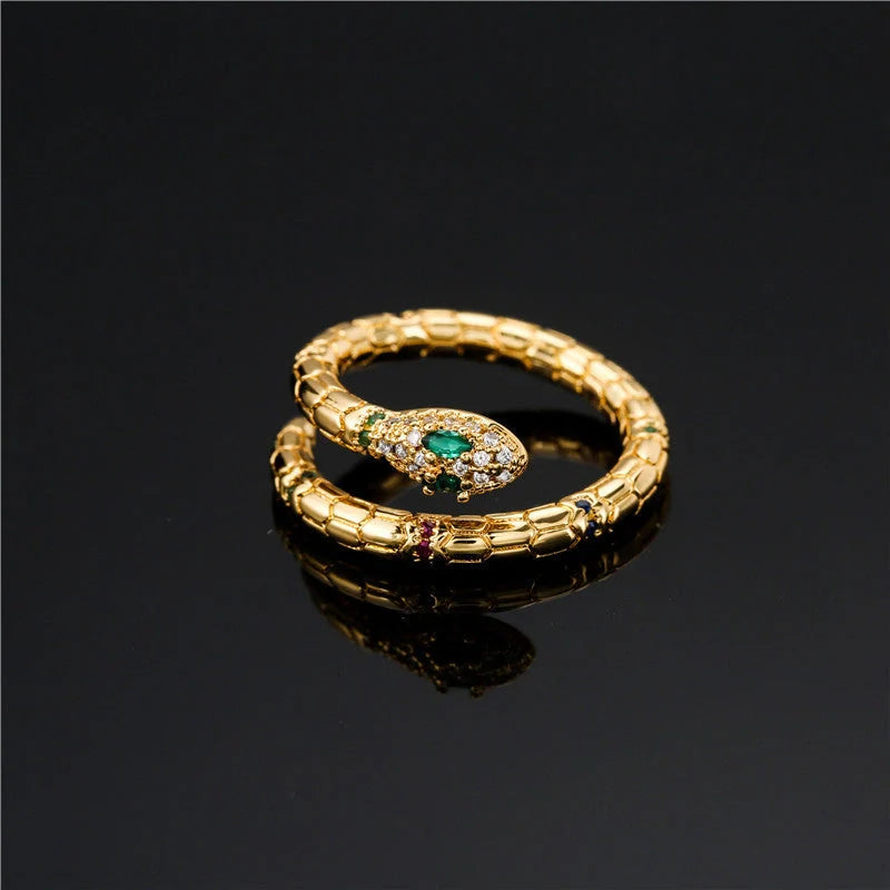 Adjustable gold snake ring with cubic zirconia stones for women
