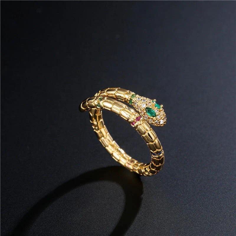 Adjustable gold snake ring with cubic zirconia stones for women