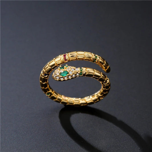 Adjustable gold snake ring with cubic zirconia stones for women