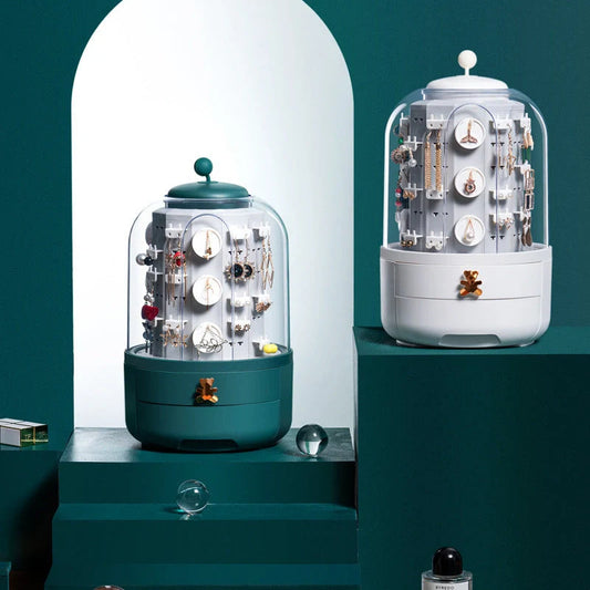 Fashion 360 Rotating Jewelry Box with transparent dust cover and castle-like design