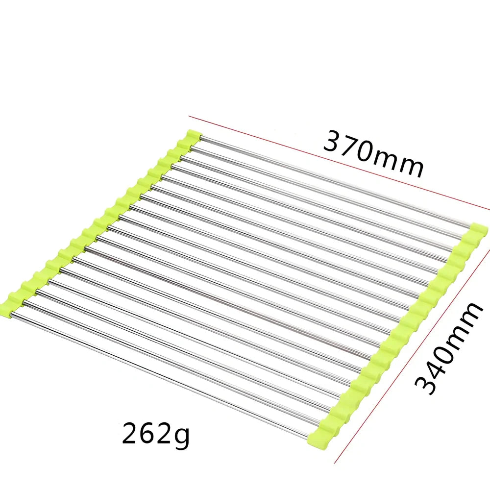 Black folding stainless steel sink drain rack with silicone edges, shown both unfolded for drying and folded for storage