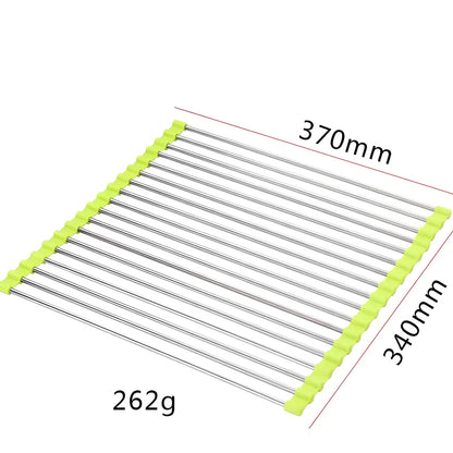 Black folding stainless steel sink drain rack with silicone edges, shown both unfolded for drying and folded for storage