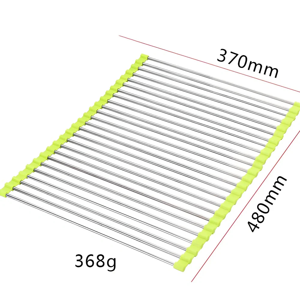 Black folding stainless steel sink drain rack with silicone edges, shown both unfolded for drying and folded for storage