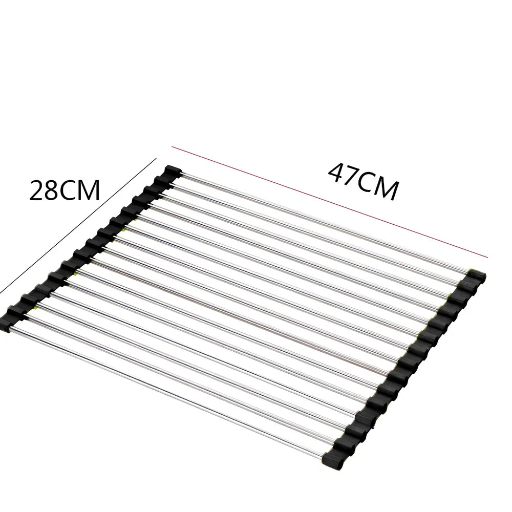 Black folding stainless steel sink drain rack with silicone edges, shown both unfolded for drying and folded for storage