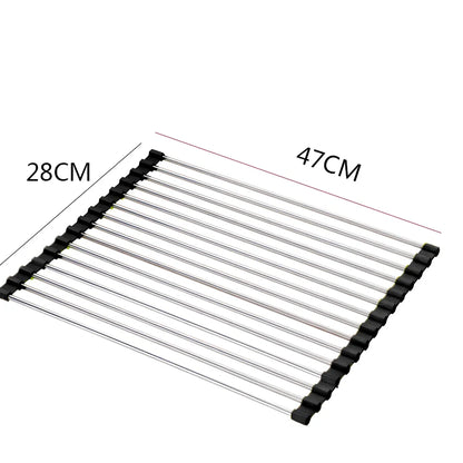 Black folding stainless steel sink drain rack with silicone edges, shown both unfolded for drying and folded for storage