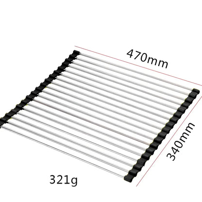 Black folding stainless steel sink drain rack with silicone edges, shown both unfolded for drying and folded for storage