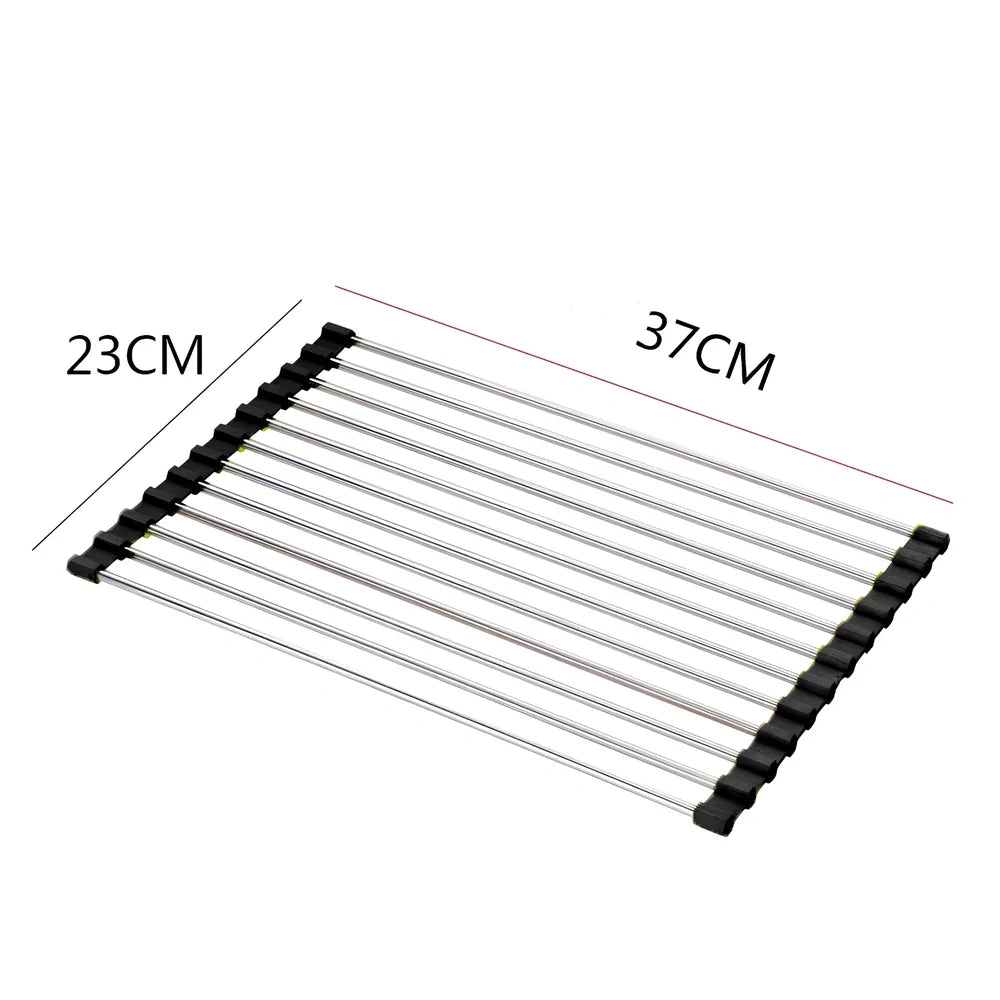 Black folding stainless steel sink drain rack with silicone edges, shown both unfolded for drying and folded for storage