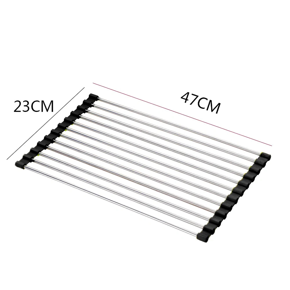 Black folding stainless steel sink drain rack with silicone edges, shown both unfolded for drying and folded for storage