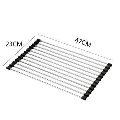 Black folding stainless steel sink drain rack with silicone edges, shown both unfolded for drying and folded for storage