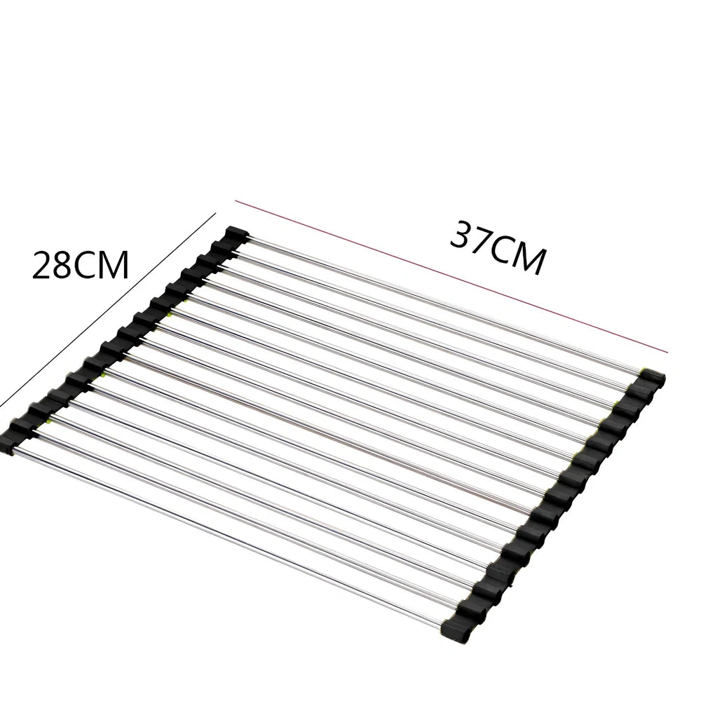 Black folding stainless steel sink drain rack with silicone edges, shown both unfolded for drying and folded for storage