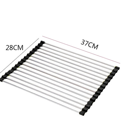 Black folding stainless steel sink drain rack with silicone edges, shown both unfolded for drying and folded for storage