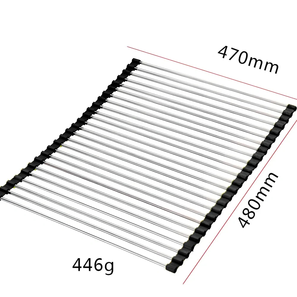Black folding stainless steel sink drain rack with silicone edges, shown both unfolded for drying and folded for storage
