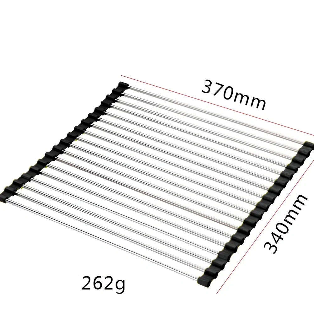 Black folding stainless steel sink drain rack with silicone edges, shown both unfolded for drying and folded for storage