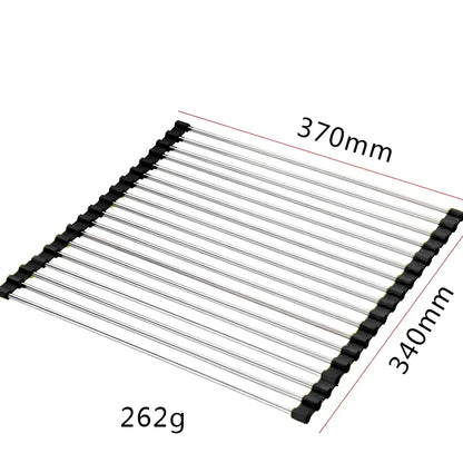 Black folding stainless steel sink drain rack with silicone edges, shown both unfolded for drying and folded for storage