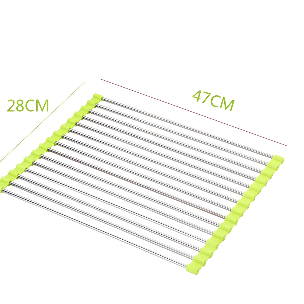 Black folding stainless steel sink drain rack with silicone edges, shown both unfolded for drying and folded for storage