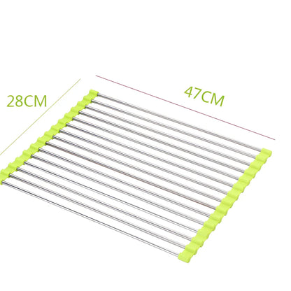 Black folding stainless steel sink drain rack with silicone edges, shown both unfolded for drying and folded for storage