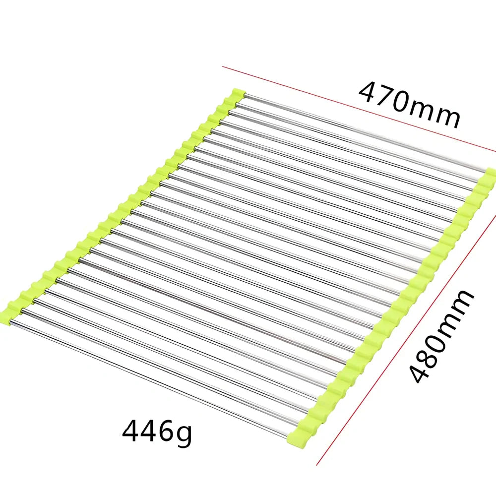 Black folding stainless steel sink drain rack with silicone edges, shown both unfolded for drying and folded for storage